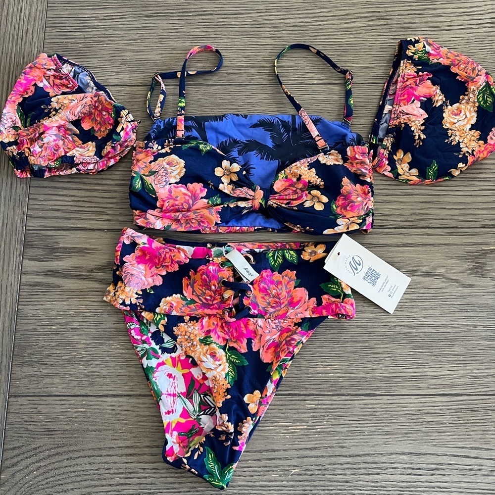 Maaji Peony Ebony Puff Sleeve Bikini Top M & Applause Reversible Bikini Bottom S - Picture 12 of 16